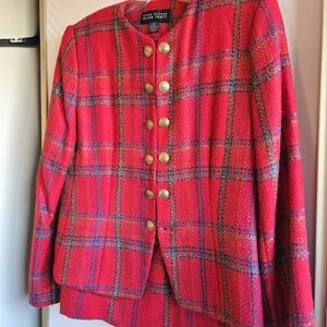 Ellen Tracy Vibrant Red Plaid Blazer with Gold Accents
